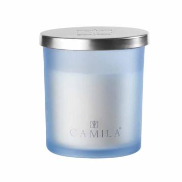 Candela profumata Capri Silver 140 gr. satinato celeste fichi e mandorle 7,5x  h.8 cm Camila