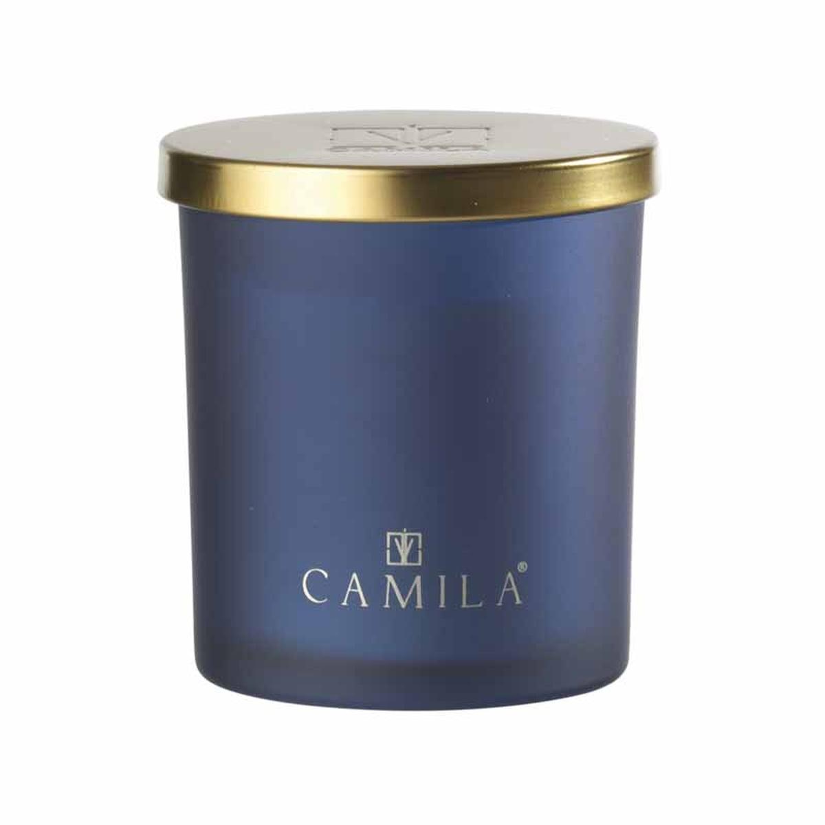 Candela profumata Capri Gold 140 gr. satinato blu indaco cedro e arancia 7,5x h.8 cm Camila