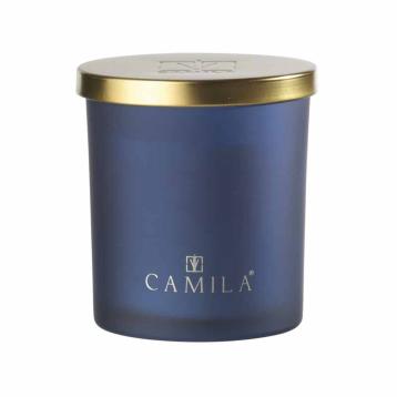 Candela profumata Capri Gold 140 gr. satinato blu indaco cedro e arancia 7,5x h.8 cm Camila