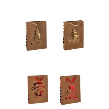 Shopper in carta natalizia fondo avana scritta oro e rosso 33x10x h46 cm