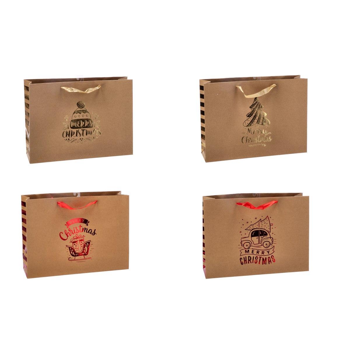 Shopper in carta natalizia fondo avana scritta oro e rosso 42x12x h31 cm
