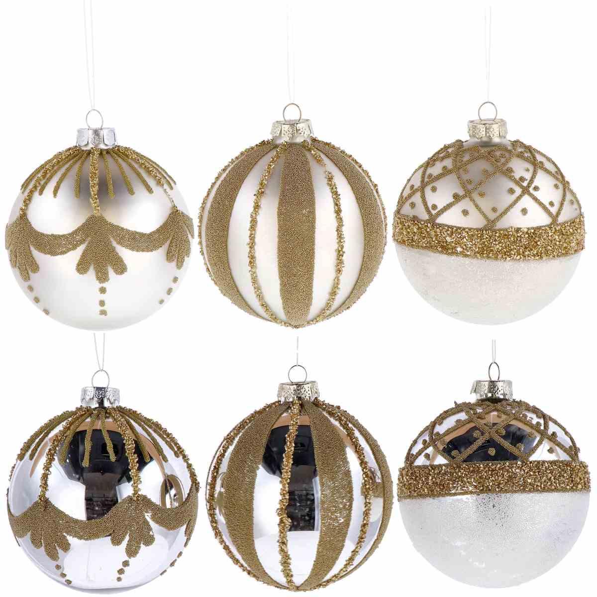 Pallina di Natale in vetro perla con decori oro e finiture varie  d.10 cm