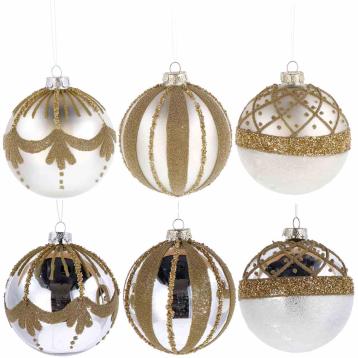 Pallina di Natale in vetro perla con decori oro e finiture varie  d.10 cm