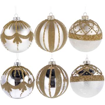 Pallina di Natale in vetro perla con decori oro e finiture varie  d.12 cm