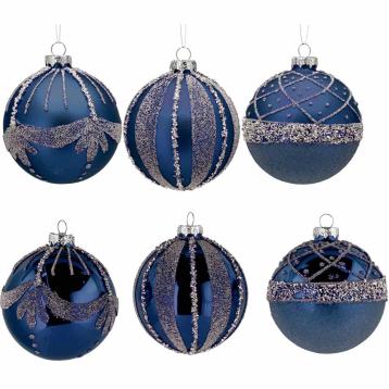 Pallina di Natale in vetro blu con decori argento e varie finiture  d.8 cm