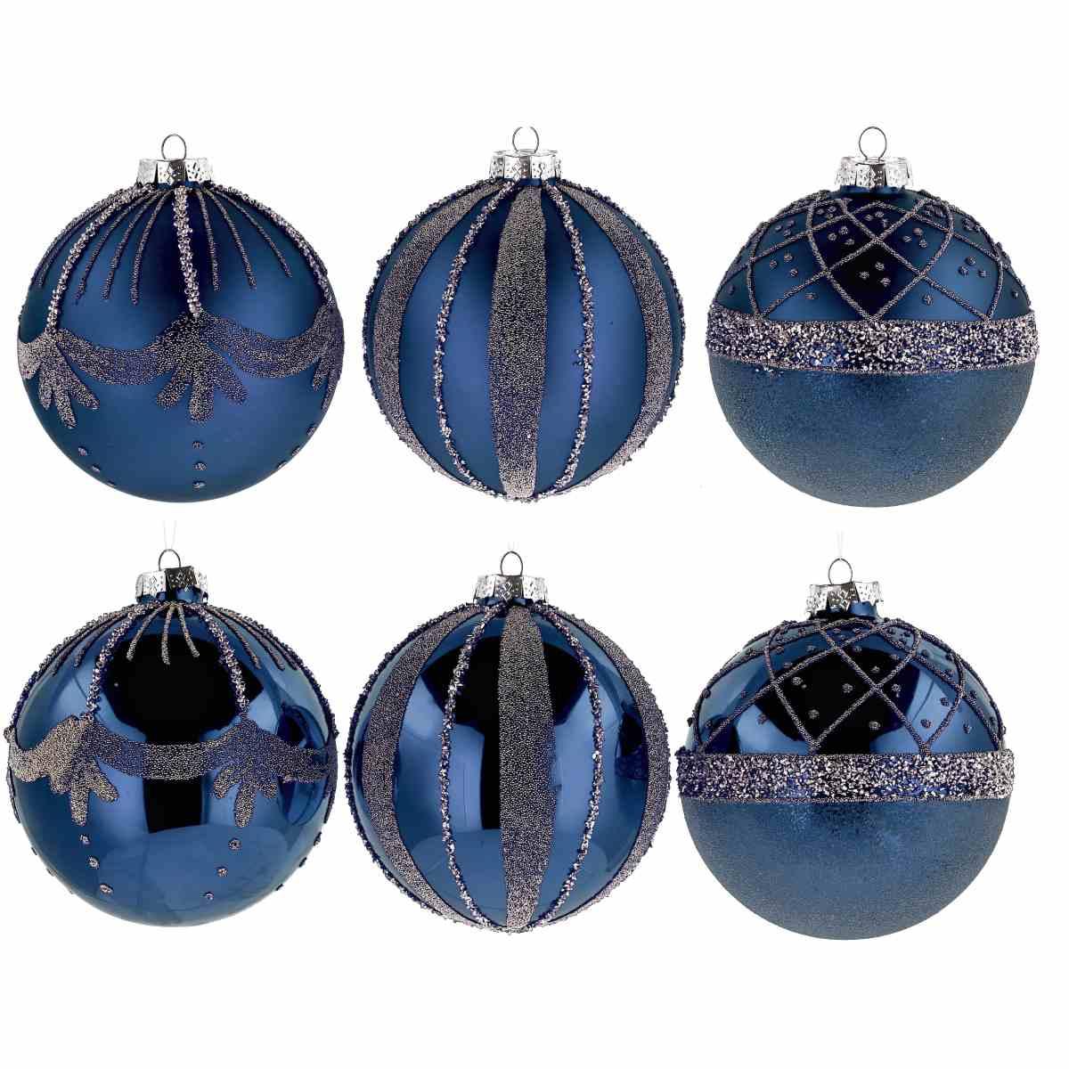 Pallina di Natale in vetro blu con decori argento e varie finiture  d.12 cm