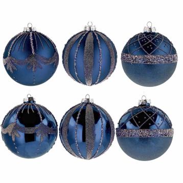 Pallina di Natale in vetro blu con decori argento e varie finiture  d.12 cm