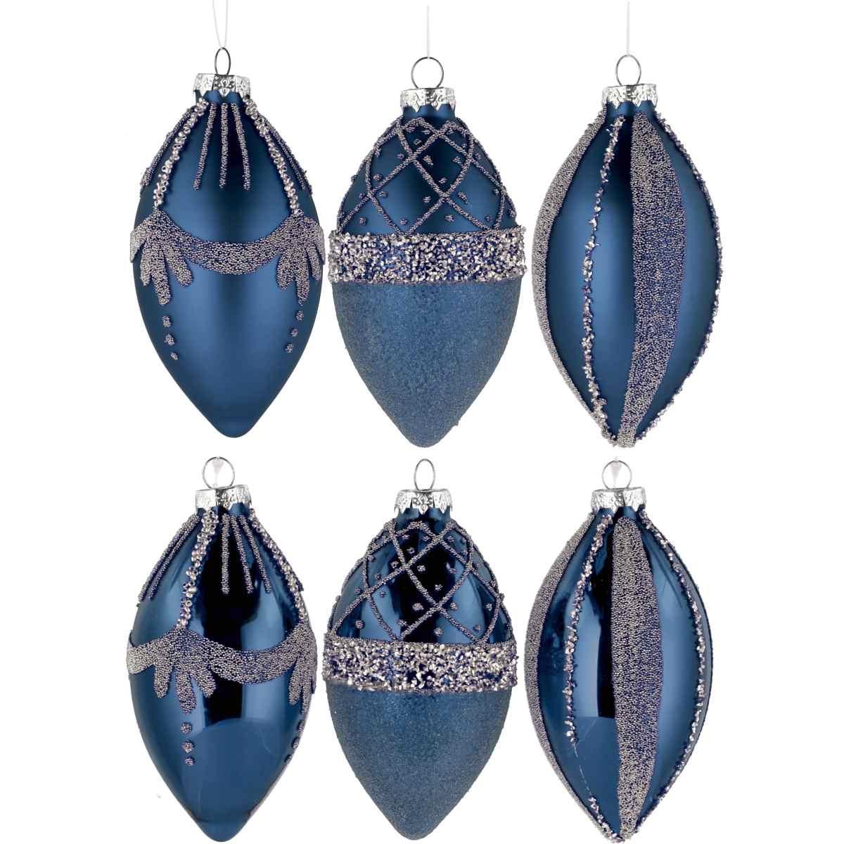 Decorazione natalizia in vetro blu da appendere con decori argento e varie finiture  d.6,5 cm  h.12,5 cm