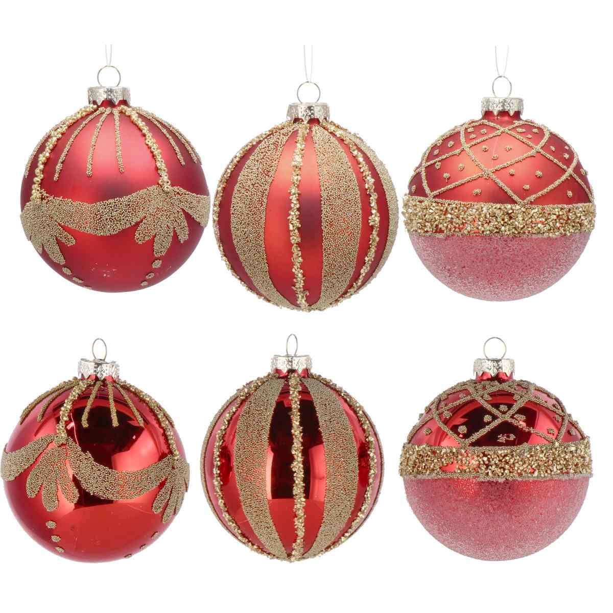 Pallina di Natale in vetro rosso con decori oro e varie finiture  d.8 cm