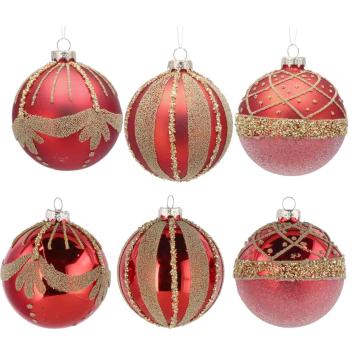 Pallina di natale in vetro rosso con decori oro e varie finiture  d.8 cm