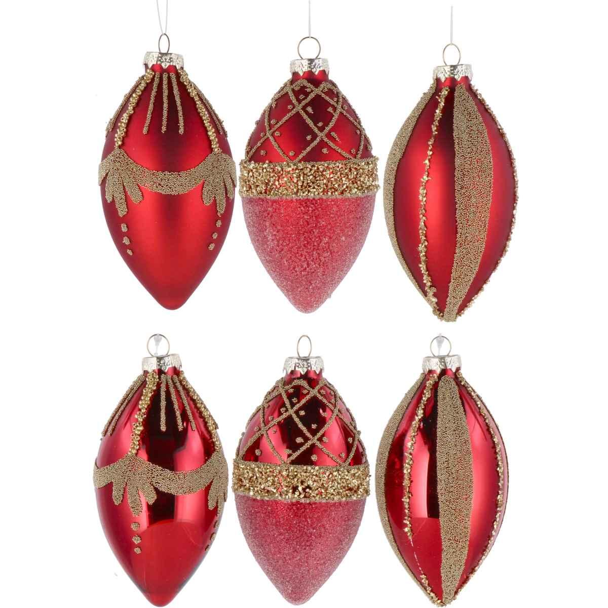 Decorazione natalizia in vetro rosso da appendere con decori oro e varie finiture  d.6,5 cm  h.12,5 cm