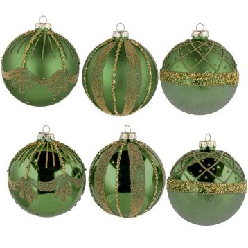 Pallina di Natale in vetro verde con decori oro e finiture varie  d.10 cm