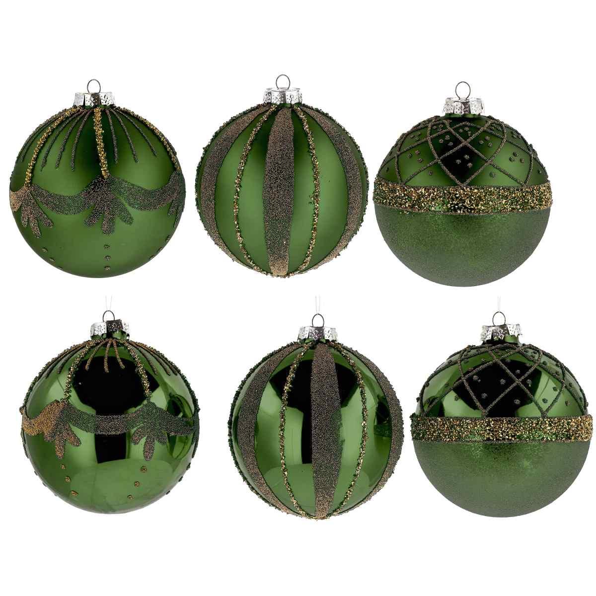 Pallina di Natale in vetro verde con decori oro e finiture varie  d.12 cm