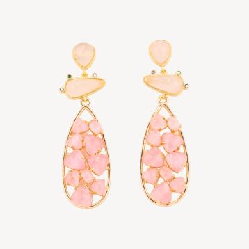 Orecchini in bronzo con pietre dure 21x65,5mm quarzo rosa e occhio di gatto rosa