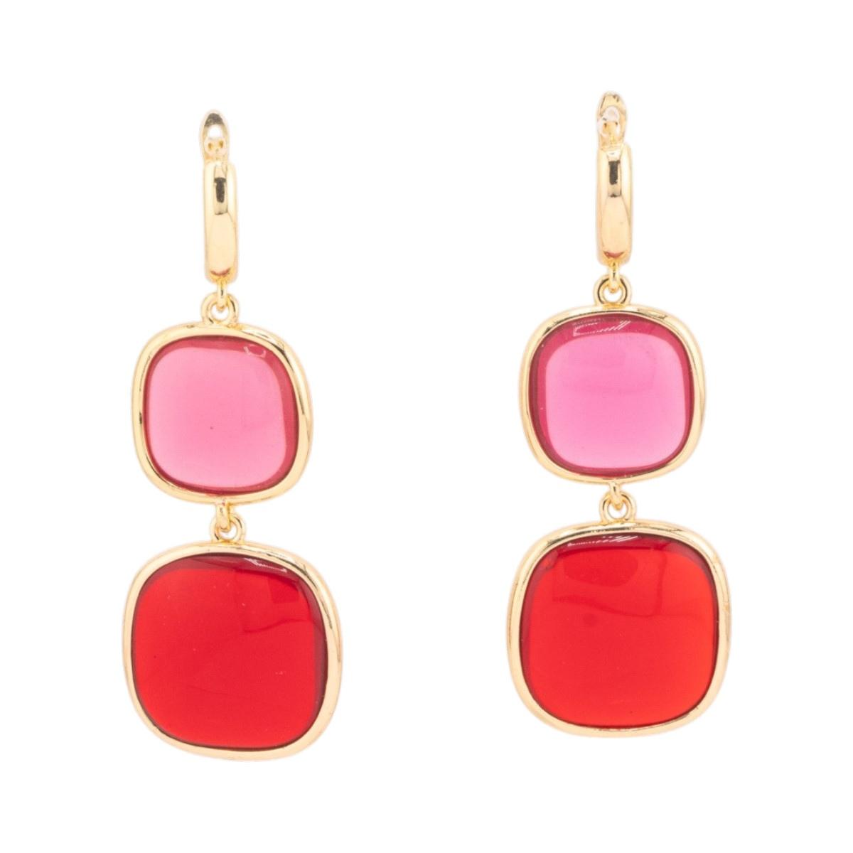 Orecchini di bronzo a perno con occhio di gatto doppio quadratino 22x60mm rosa e rosso trasparenti