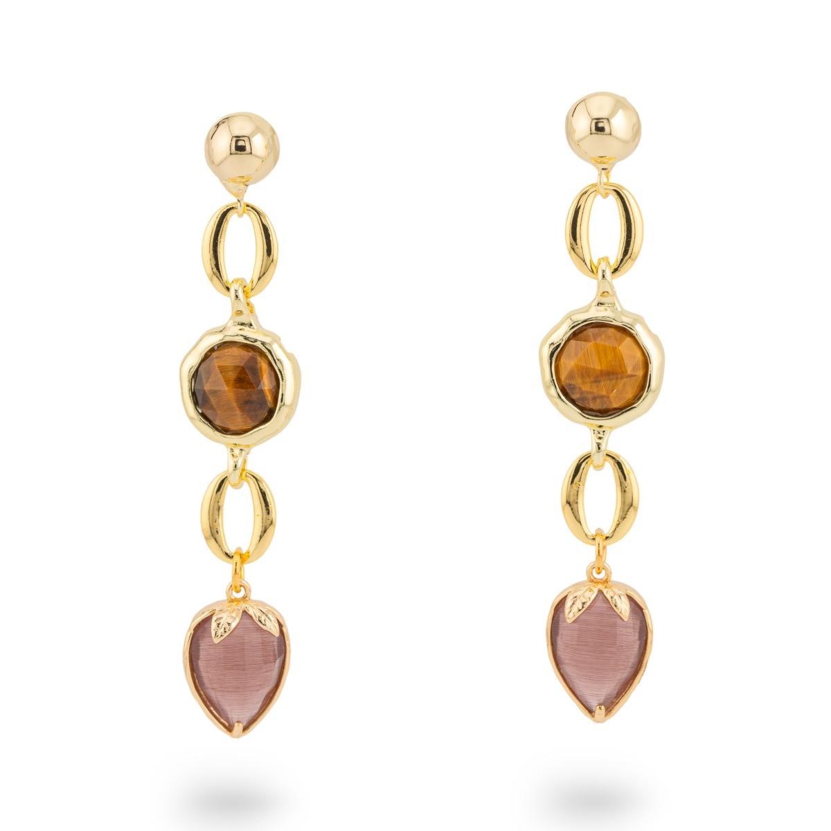 Orecchini di bronzo a perno con cristalli cz 13x66mm occhio di tigre