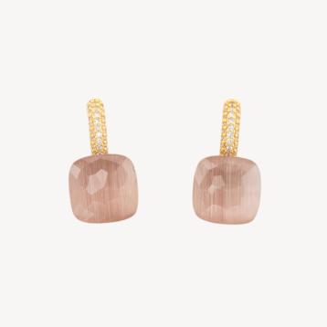 Orecchini a monachella chiusa di bronzo con occhio di gatto taglio cuscino con zirconi 13x26mm dorato cipria chiaro