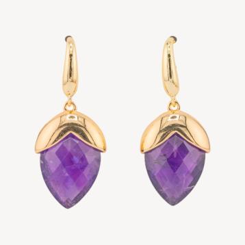 Orecchini a monachella di bronzo con pietre dure sfaccettate forma goccia 18x45mm dorato ametista
