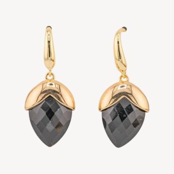 Orecchini a monachella di bronzo con pietre dure sfaccettate forma goccia 18x45mm dorato onice