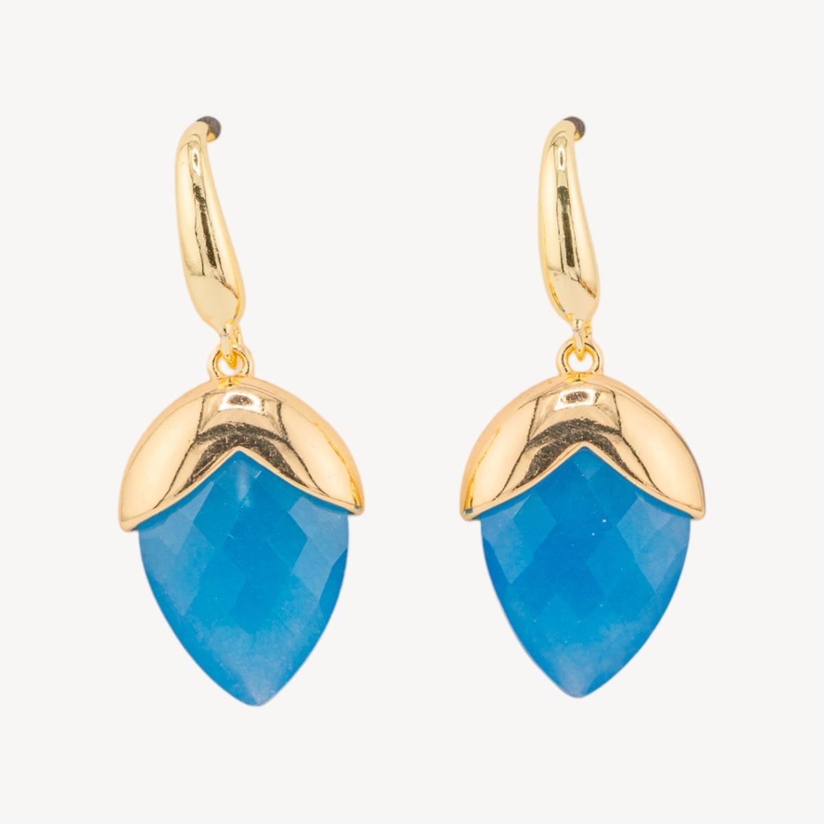 Orecchini a monachella di bronzo con pietre dure sfaccettate forma goccia 18x45mm dorato quarzo celeste