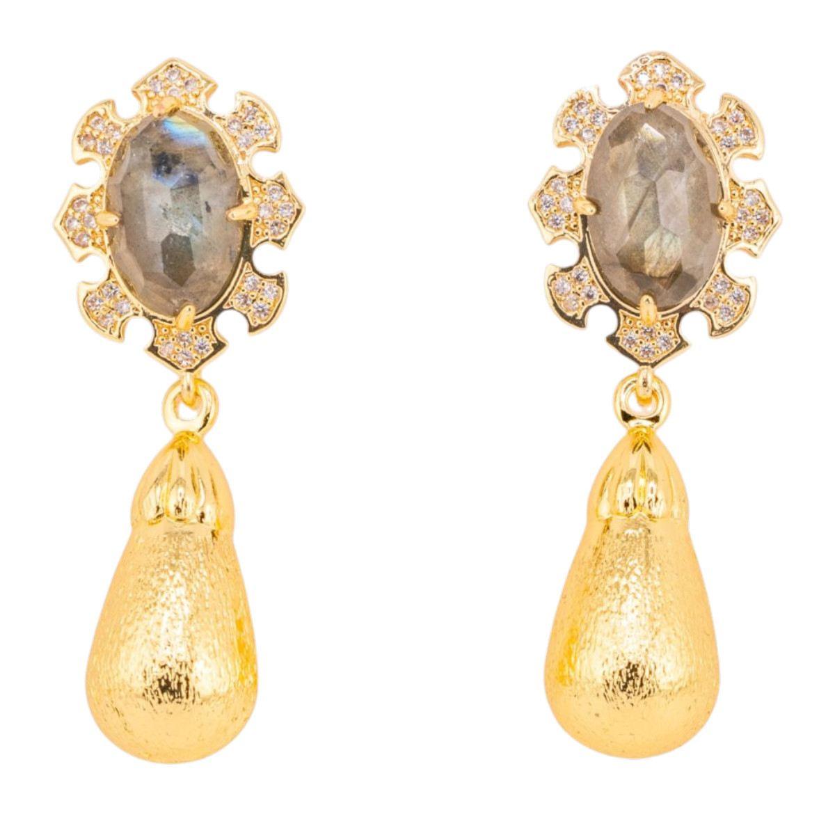 Orecchini bijoux in bronzo con pietre dure incastonate e gocce dorate labradorite
