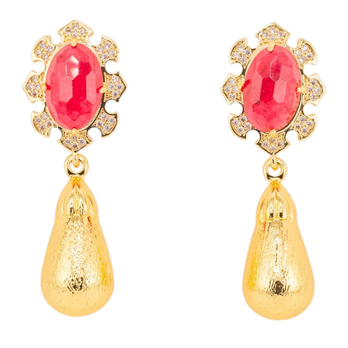 Orecchini bijoux in bronzo con pietre dure incastonate e gocce dorate giada rossa
