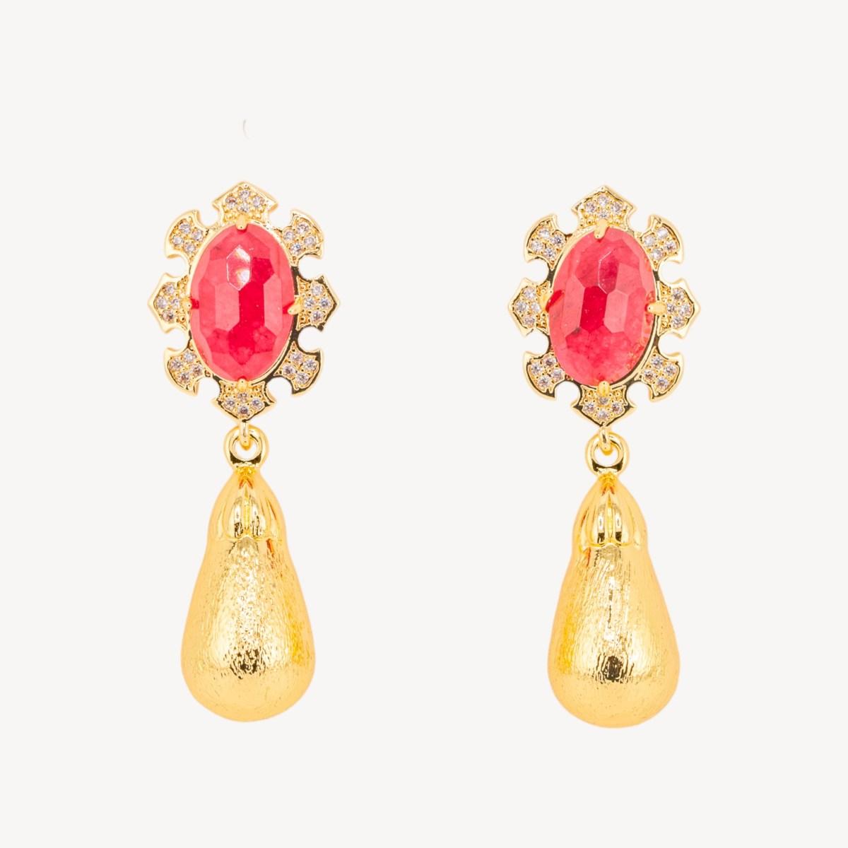 Orecchini bijoux in bronzo con pietre dure incastonate e gocce dorate giada rossa