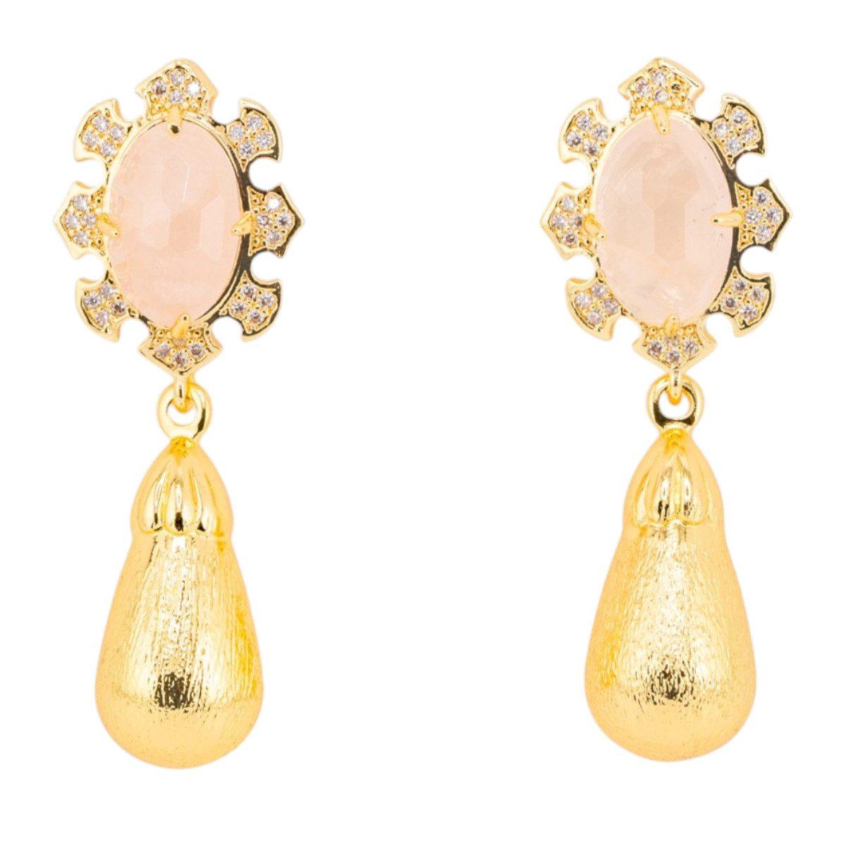 Orecchini bijoux in bronzo con pietre dure incastonate e gocce dorate quarzo rosa