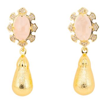 Orecchini bijoux in bronzo con pietre dure incastonate e gocce dorate quarzo rosa