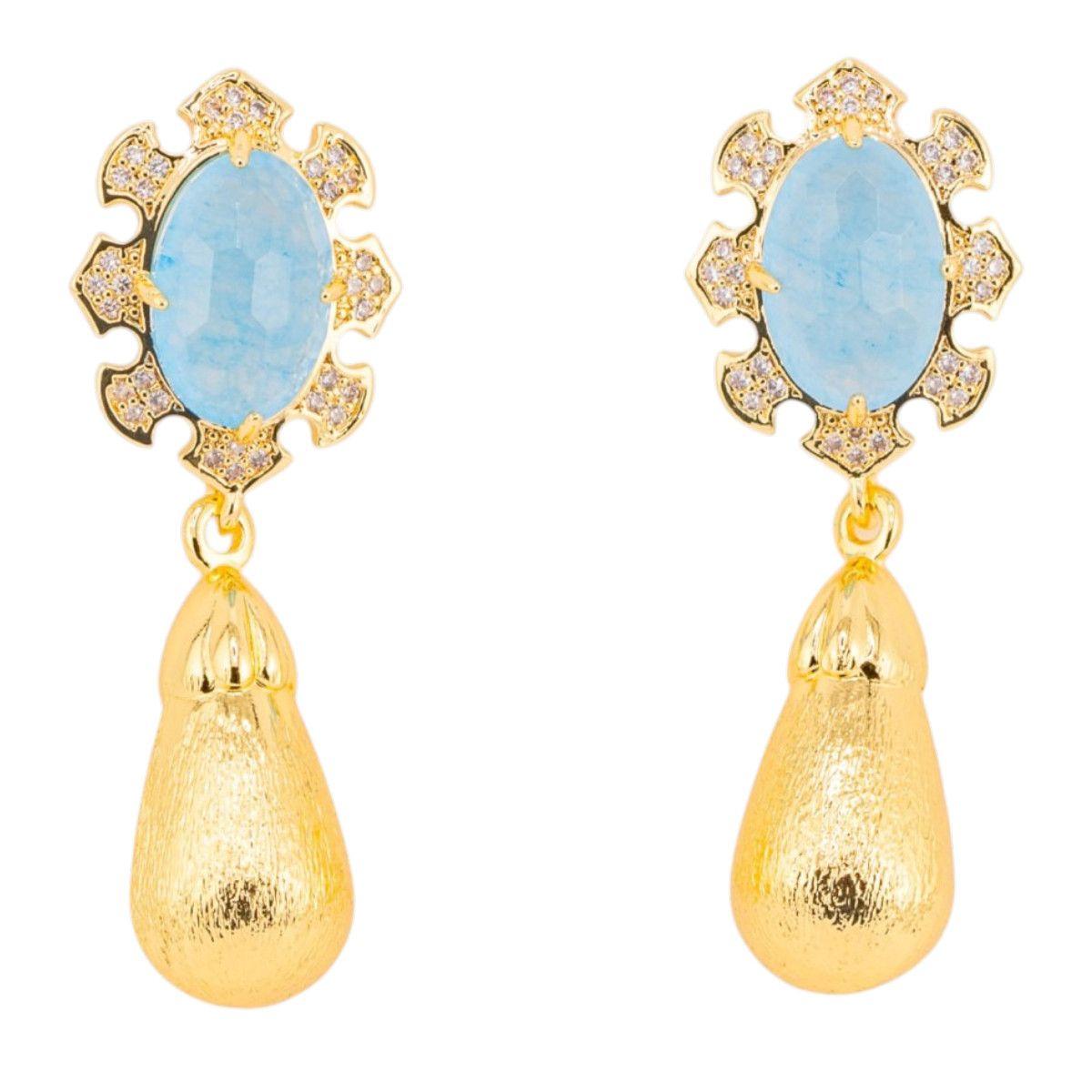 Orecchini bijoux in bronzo con pietre dure incastonate e gocce dorate giada celeste
