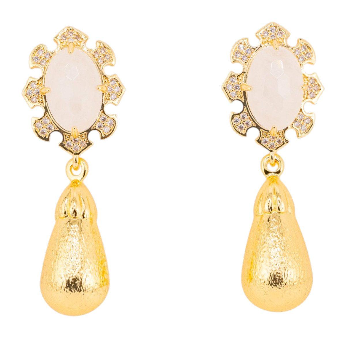 Orecchini bijoux in bronzo con pietre dure incastonate e gocce dorate cristallo di rocca