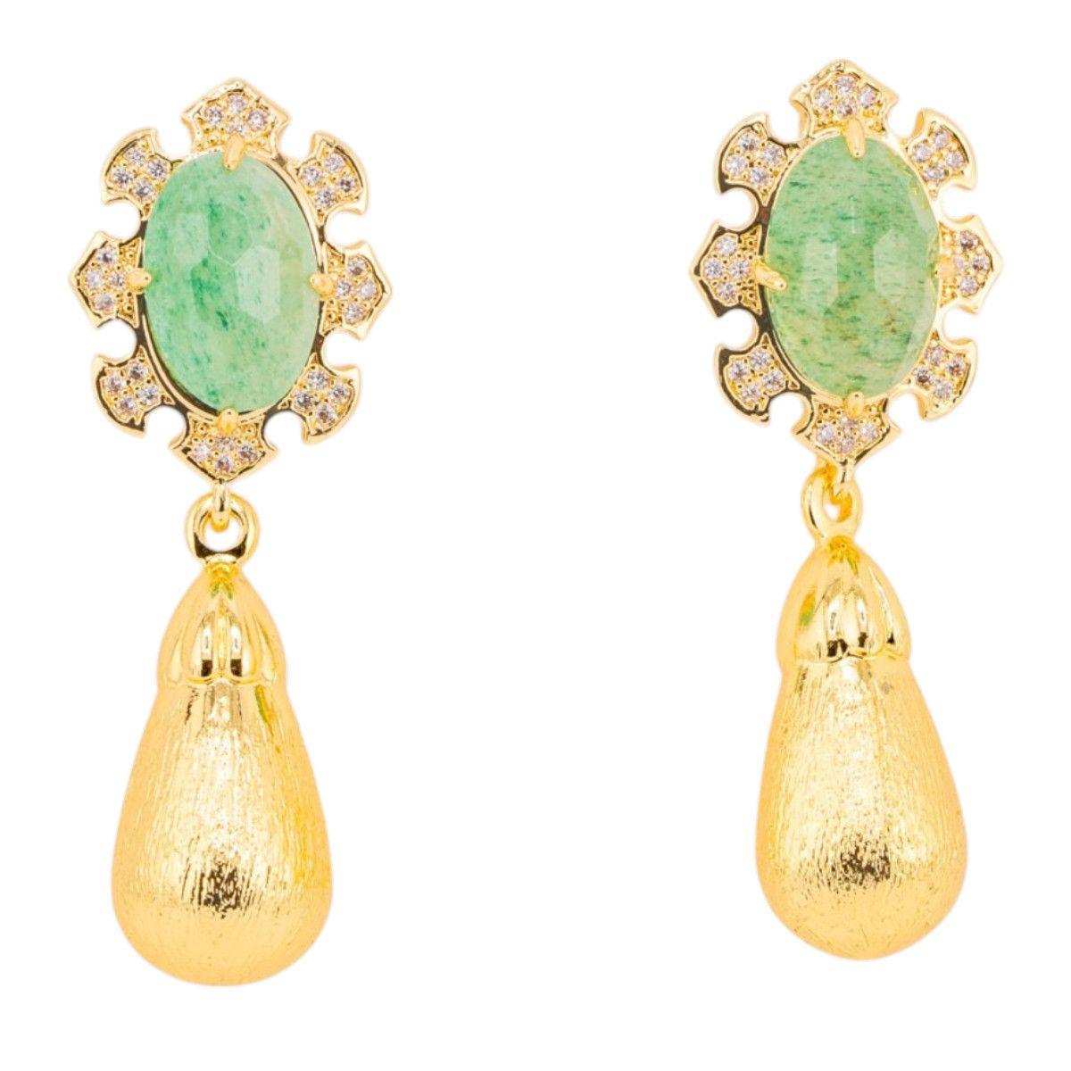 Orecchini bijoux in bronzo con pietre dure incastonate e gocce dorate avventurina verde