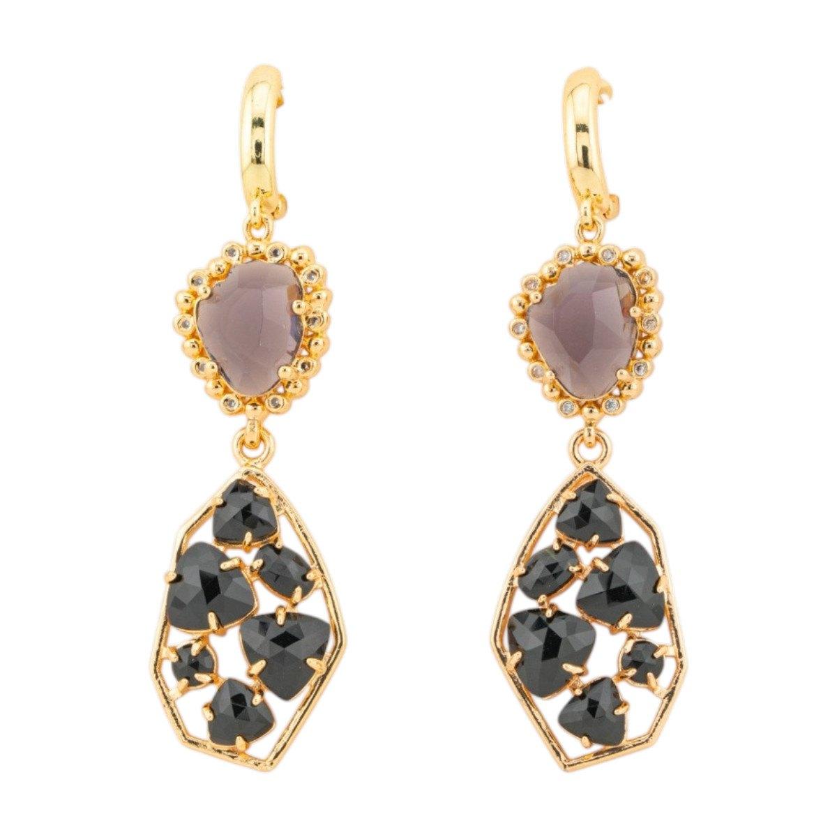 Orecchini a monachella chiusa di bronzo con cristalli cz e occhio di gatto 17x65mm viola nero