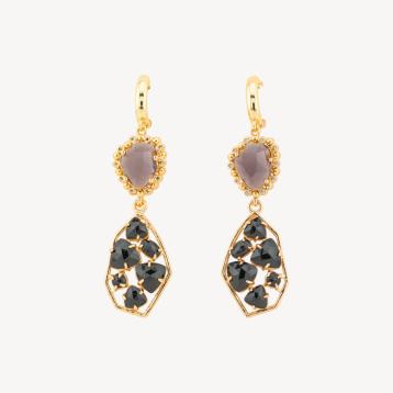 Orecchini a monachella chiusa di bronzo con cristalli cz e occhio di gatto 17x65mm viola nero