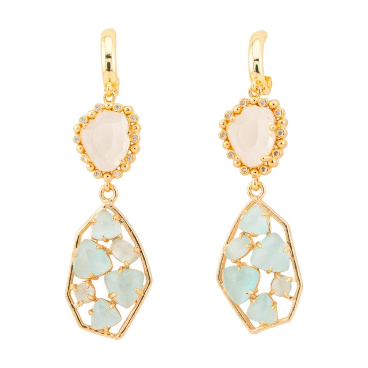 Orecchini a monachella chiusa di bronzo con cristalli cz e occhio di gatto 17x65mm acqua