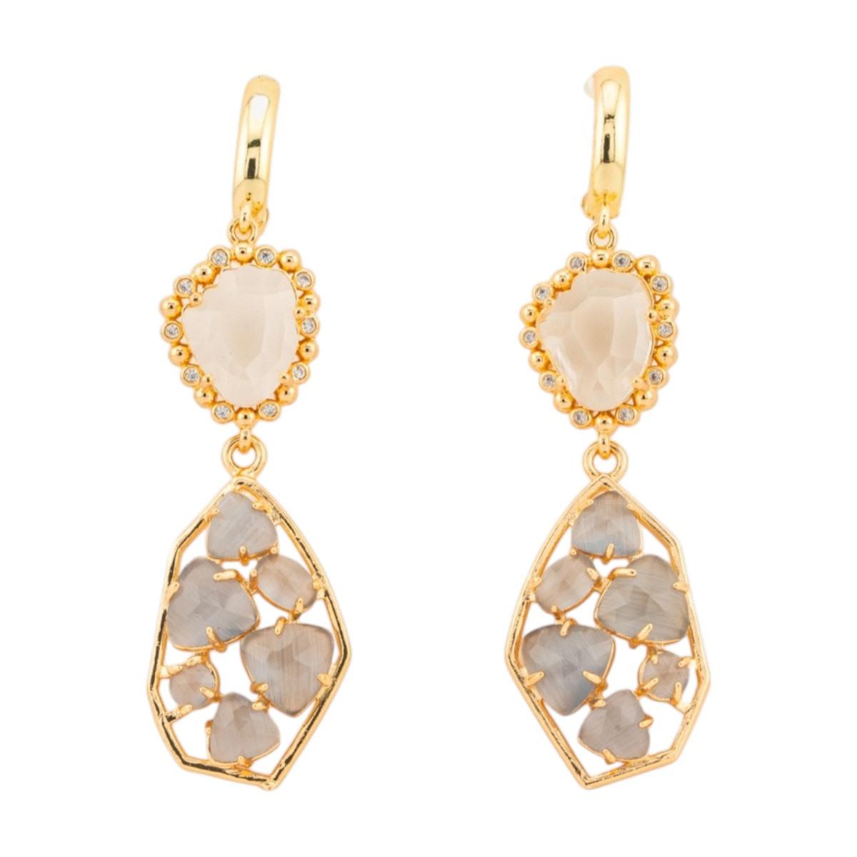 Orecchini a monachella chiusa di bronzo con cristalli cz e occhio di gatto 17x65mm grigio