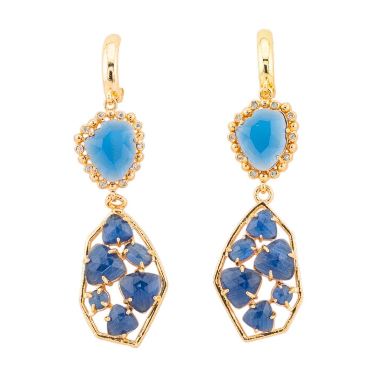 Orecchini a monachella chiusa di bronzo con cristalli cz e occhio di gatto 17x65mm blu