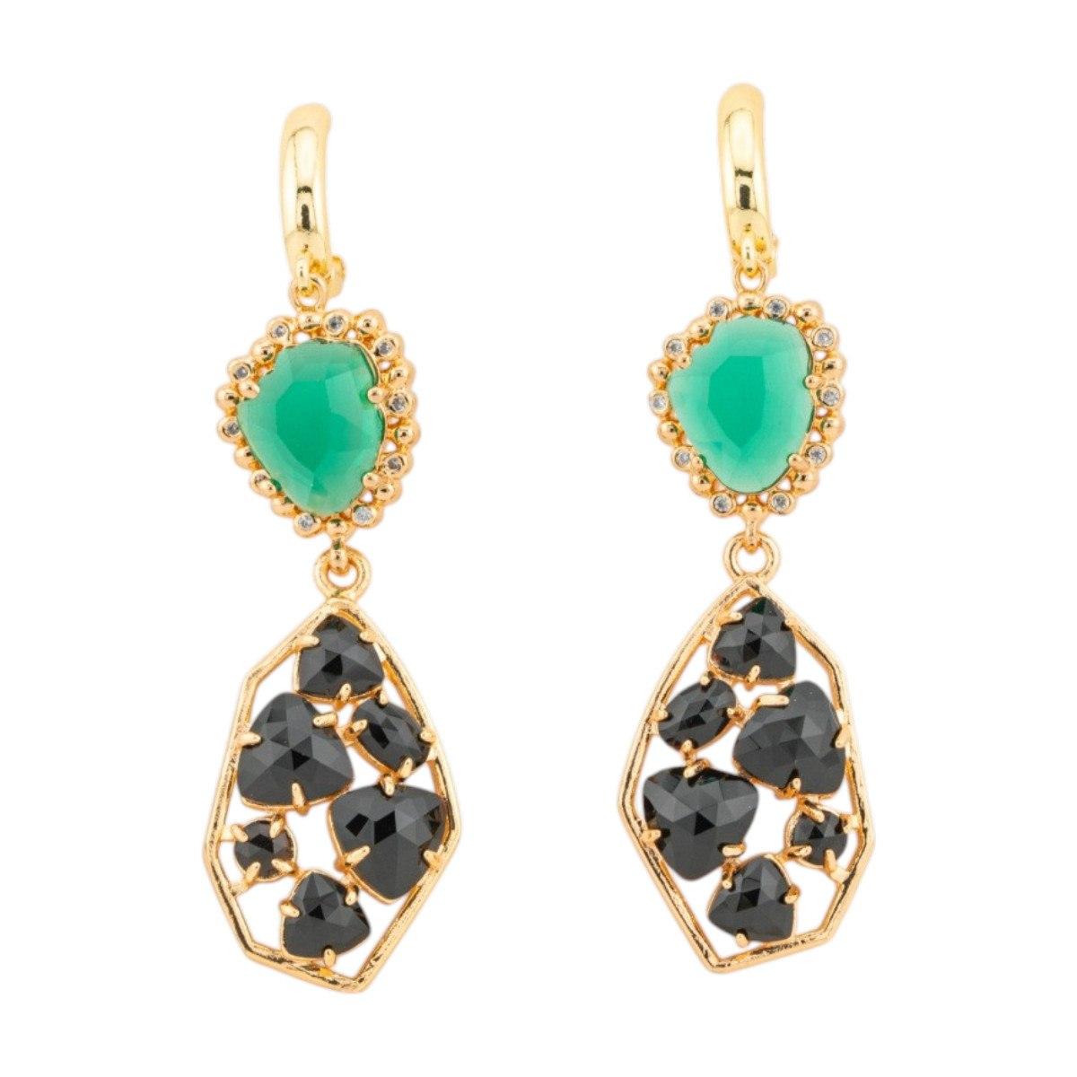 Orecchini a monachella chiusa di bronzo con cristalli cz e occhio di gatto 17x65mm verde nero