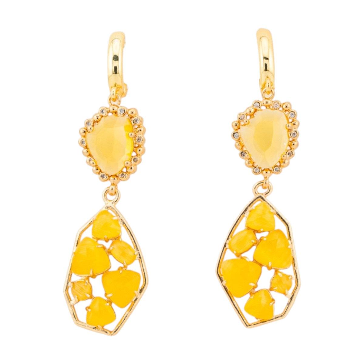 Orecchini a monachella chiusa di bronzo con cristalli cz e occhio di gatto 17x65mm giallo