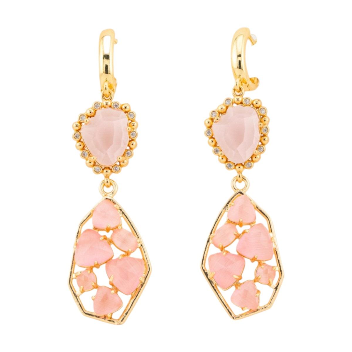 Orecchini a monachella chiusa di bronzo con cristalli cz e occhio di gatto 17x65mm rosa