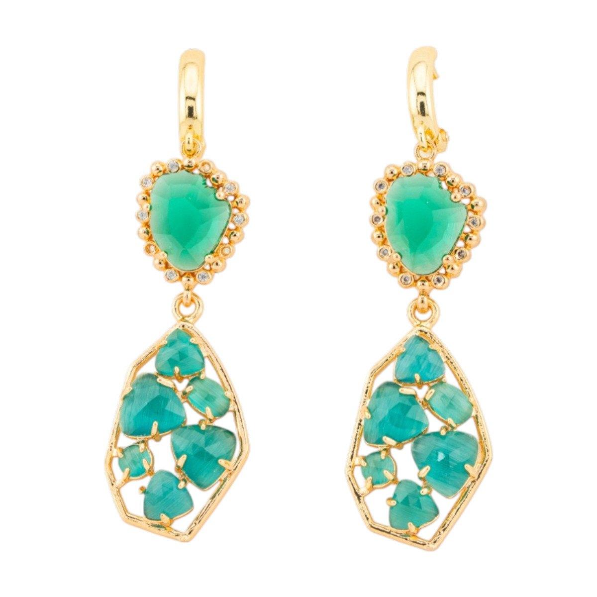 Orecchini a monachella chiusa di bronzo con cristalli cz e occhio di gatto 17x65mm verde smeraldo