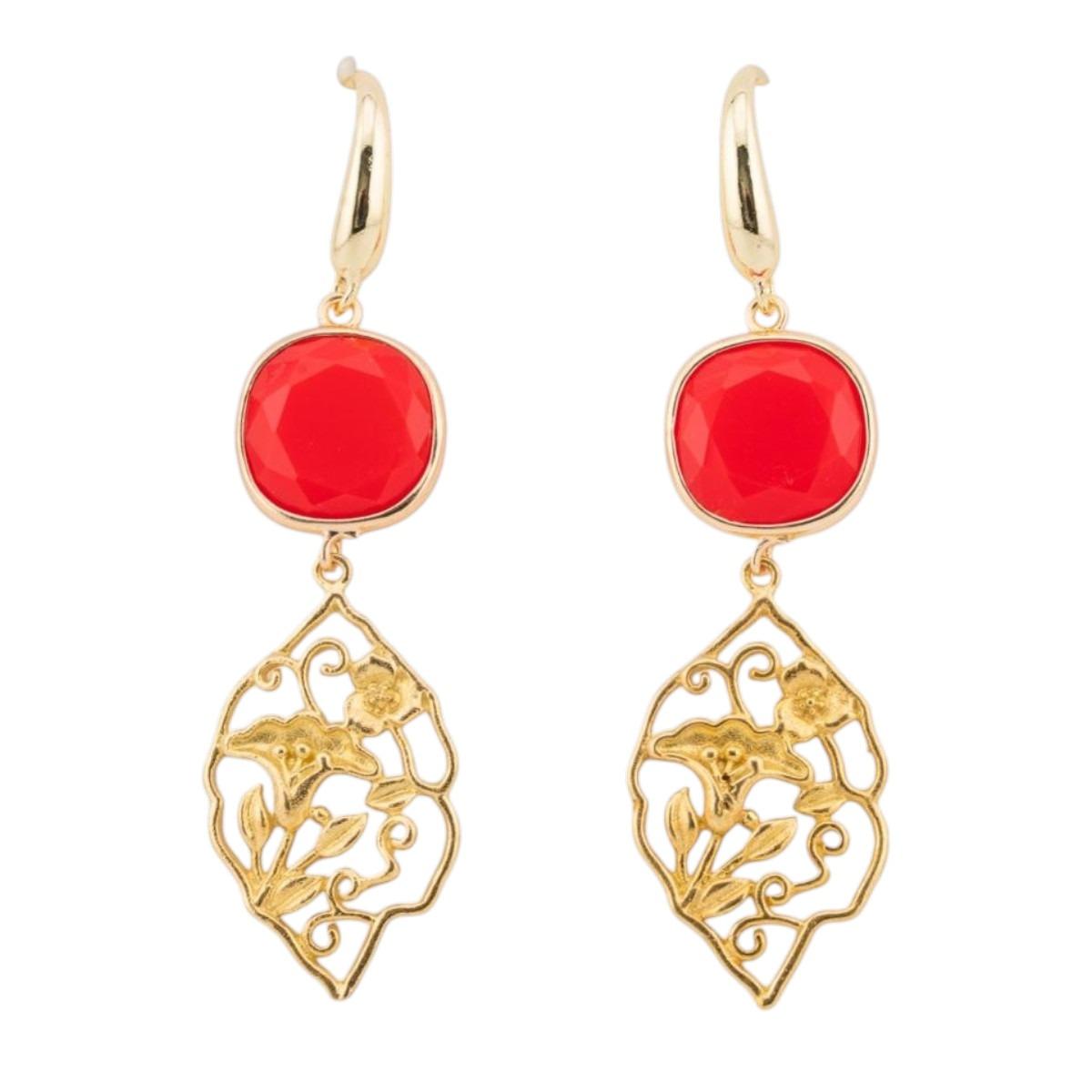 Orecchini in bronzo con cabochon di occhi di gatto 20x70mm rosso corallo