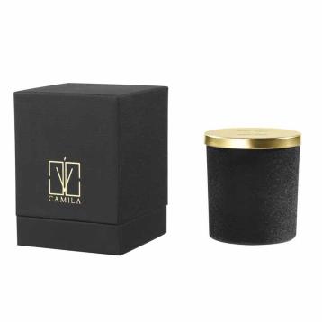 Candela profumata velluto 140 gr. nero tappo oro uva e vino 7,5x h.8 cm camila