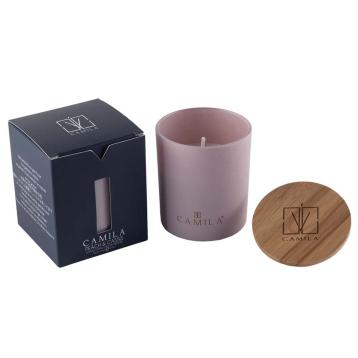 Candela profumata wood 140 gr. cipria chiaro pesca e cassis 7,5x  h.8 cm camila