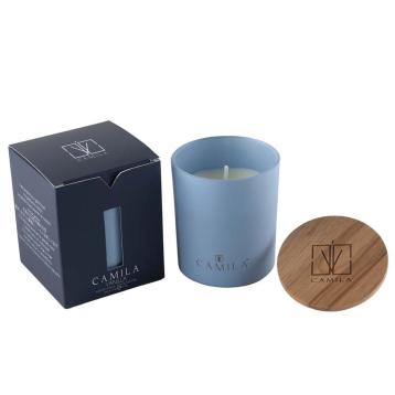 Candela profumata wood 140 gr. blu avio vaniglia 7,5x  h.8 cm camila