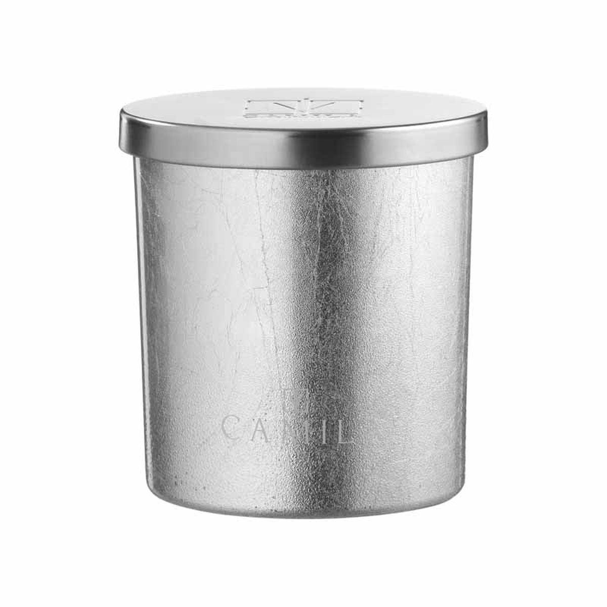 Candela profumata Capri Lux 140 gr d.7,5 x h.8 cm foglia argento fragranza fichi e mandorle Camilia