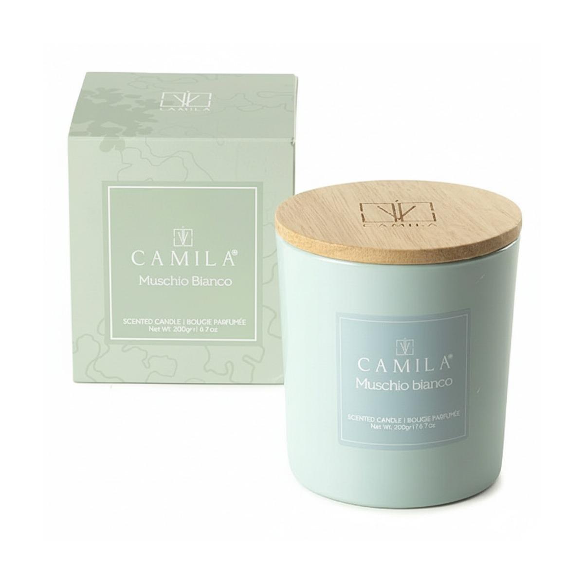 Candela profumata 200 gr d.9 x h.9 cm carta da zucchero fragranza muschio bianco Camilia