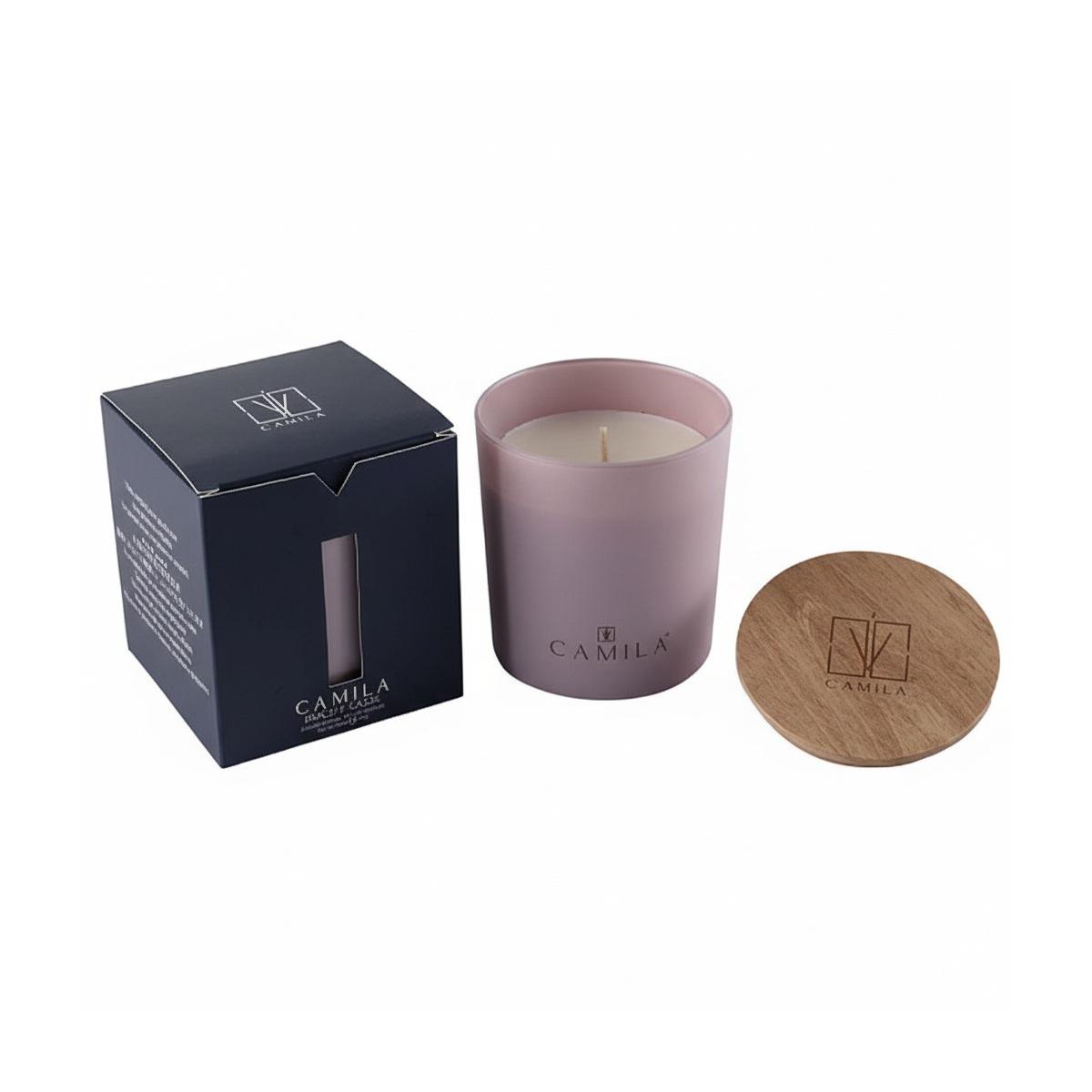 Candela profumata Wood 200 gr d.9 x h.9 cm cipria chiaro fragranza pesca e cassis Camilia