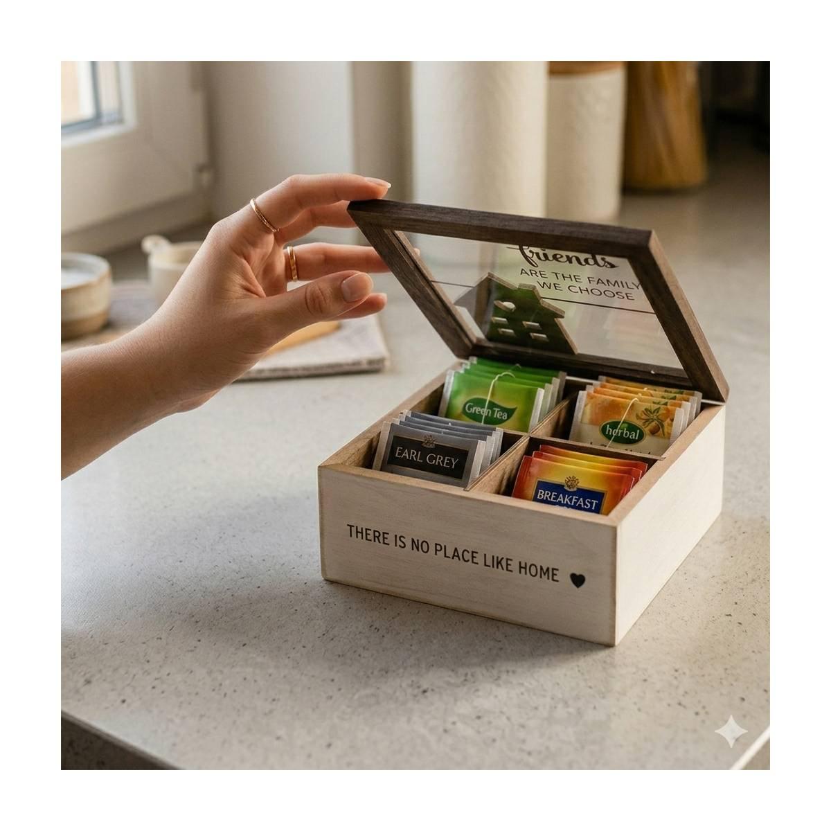 Scatola porta bustine da tè in mdf con 4 scomparti 16,5x16,5x h.7,5 cm