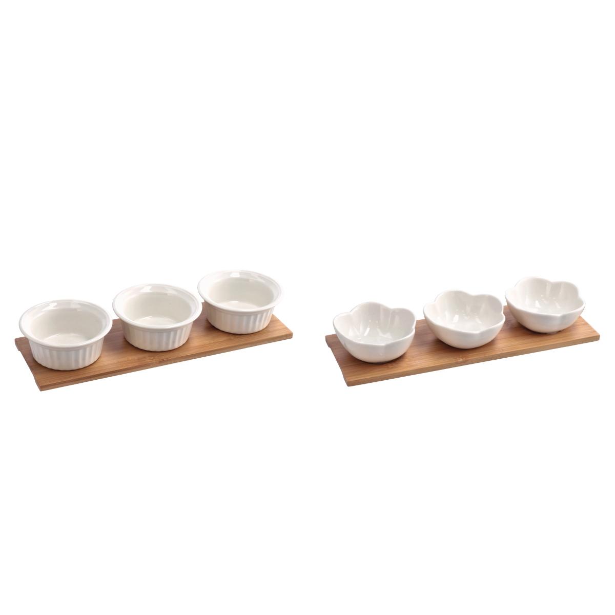 Set 3 ciotole in porcellana bianca con vassoio in bamboo 32x10,5 cm